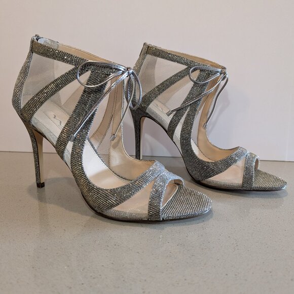 Nina Silver Sparkle and Mesh Open Toe Heels Size 8.5 - Picture 1 of 15